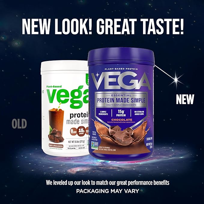 Vega Protein Made Simple, Dark Chocolate - Stevia Free Vegan Protein Powder, Plant Based, Healthy, Gluten Free, Pea Protein for Women and Men, 9.6 oz (Packaging May Vary)