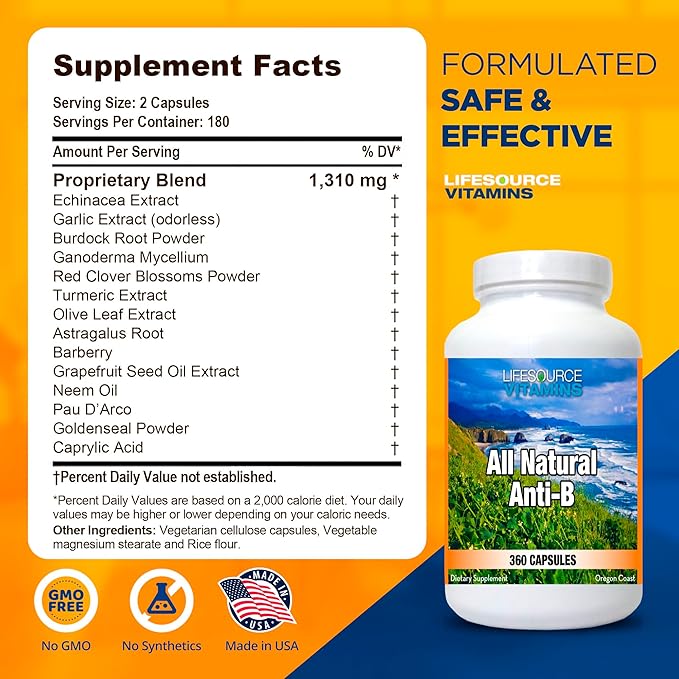 LifeSource Vitamins All Natural Anti-B for Immune Support, 14 All Natural Ingredient with Echinacea & Garlic Extract, 360 Immune Defense Capsules