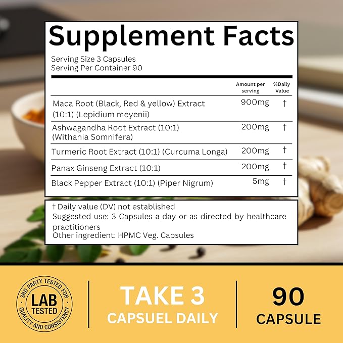Maca Root Capsules 1500mg - Black | Red & Yellow Blend with Ashwagandha, Panax Ginseng, Turmeric & Black Pepper - Energy, Focus, Performance, Mood & Immune Support for Men & Women - 90 Caps