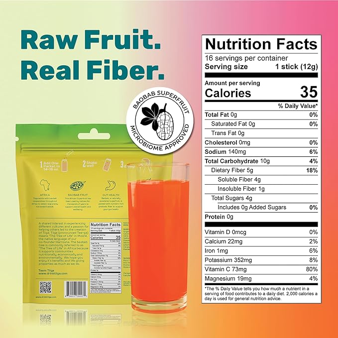 Tiiga 2-in-1 Gut Health + Hydration Drink Mix – Natural Debloat Formula with 75%+ Baobab & Coconut Water. High in Antioxidants, Prebiotics, Zero Added Sugar, Supports Digestion, Energy & Helps Debloat