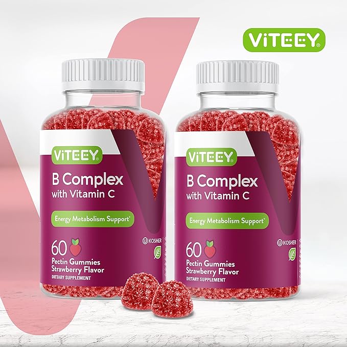 Viteey Vitamin B Complex for Adults with Vitamin C, B6, B12, Niacinamide, Folic Acid, Biotin, Calcium - Supports Energy & Metabolism - Vegan, Gluten Free, Gelatin Free - Chewable Strawberry Flavored
