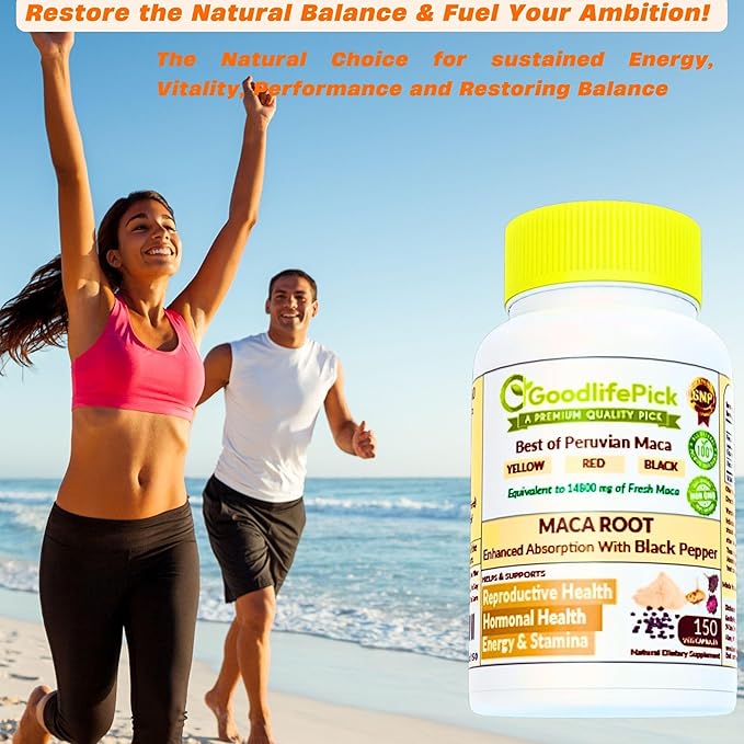 Peruvian Maca Root Capsules 150 ct. Powerful Maca Blend of Yellow Red & Black Maca Root with Black Pepper. All Natural NonGMO Vegan No Stearate No Rice Powder No Silica No Filler