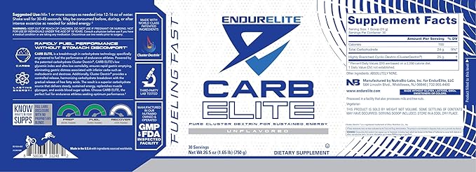 EndurElite Carb Elite- Pure Cluster Dextrin for Sustained Energy- Carbohydrate Powder - Unflavored- 30 Servings