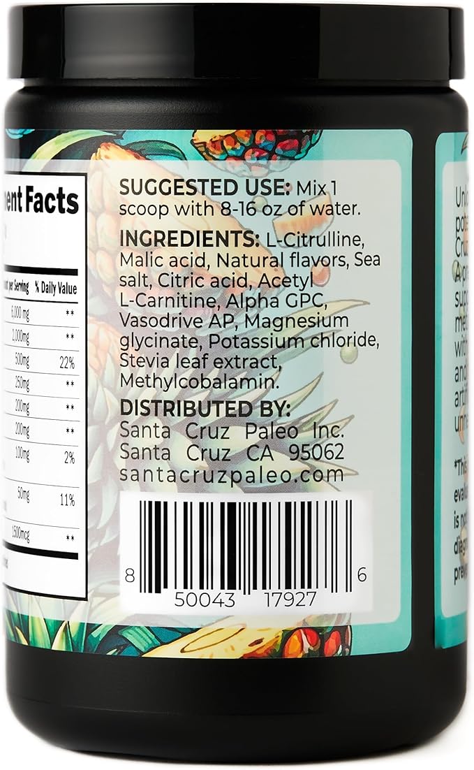 Santa Cruz Paleo Natural Pre Workout Powder, Pineapple, Keto Preworkout with Electrolytes, Magnesium, Potassium, L-Citrulline, 150mg Caffeine, Sugar Free Drink Mix for Energy & Hydration, 30 Servings