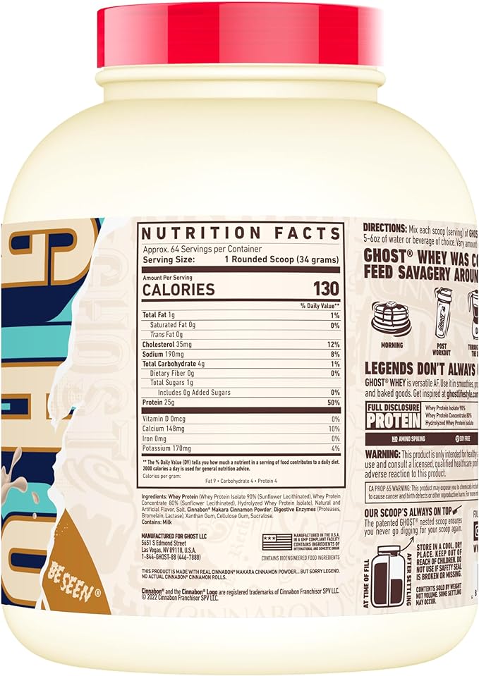 GHOST Whey Protein Powder, Cinnabon - 5LB Tub, 25G of Protein - Cinnamon Roll Flavored Isolate, Concentrate & Hydrolyzed Whey Protein Blend - Post Workout Shakes - Soy & Gluten Free