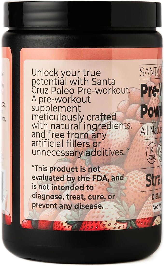 Santa Cruz Paleo Natural Pre Workout Powder, Strawberry, Keto Preworkout with Electrolytes Magnesium, Potassium, L-Citrulline, Caffeine Free, Sugar Free Drink Mix for Energy & Hydration, 30 Servings
