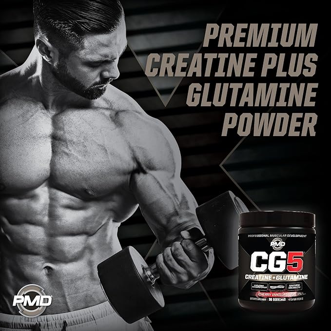 PMD Sports CG5 - Premium Creatine and L Glutamine Powder - Maximum Strength Power Recovery, Build Lean Muscle, Increase Performance - Pre-Workout and Post Workout - Cherry Vanilla Slush (30 Servings)