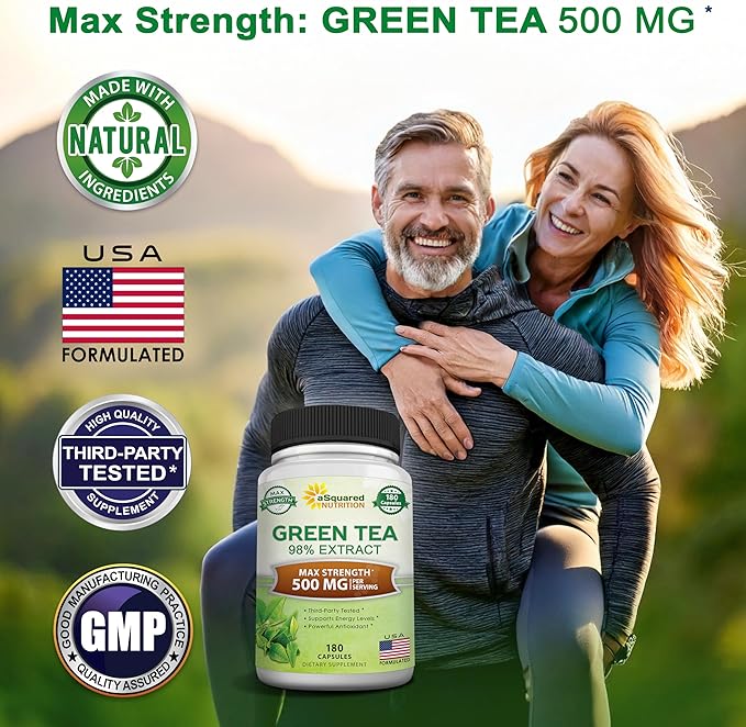 aSquared Nutrition Green Tea Extract with EGCG – 180 Capsules – 500mg per Capsule – 75% Polyphenols, 45% EGCG – Antioxidant Support, Heart Health, Natural Detox – Low Caffeine Supplement