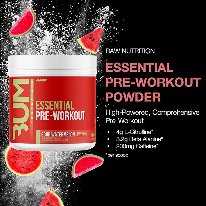 RAW Essential Pre-Workout Powder (Sour Watermelon) - Chris Bumstead Sports Nutrition Supplement for Men & Women Preworkout Energy with Caffeine, L-Citrulline, L-Tyrosine, Beta Alanine Blend