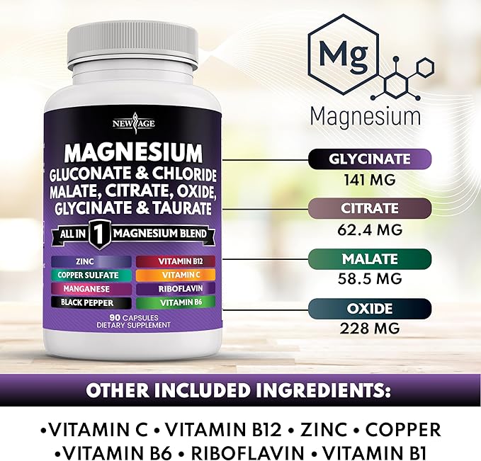 NEW AGE Magnesium Supplement -Powerful Glycinate Citrate Malate Oxide Taurate Aspartate Gluconate Orotate & Mag Chloride Manganese Bone Health and Bone Strength, Joint Support - 90 Count
