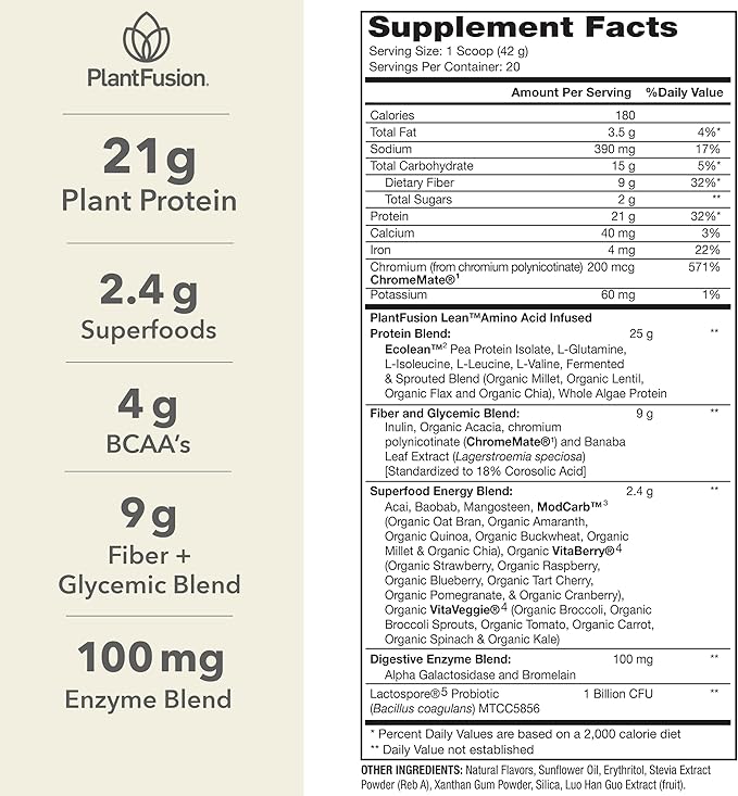 PlantFusion Complete Lean Plant Based Protein Powder - Prebiotic Fiber, Superfoods & Digestive Enzymes - Vegan, Gluten Free, Soy Free, Non-GMO - Vanilla 1.85 lb