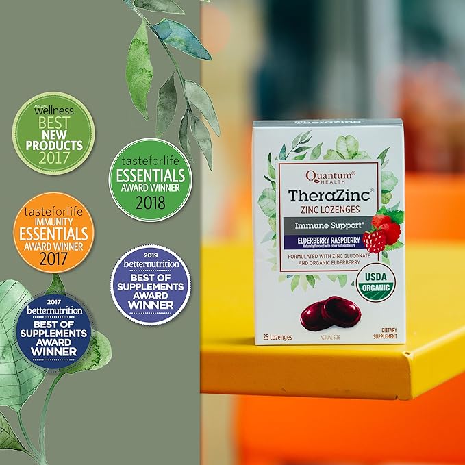 Quantum Health TheraZinc Organic Zinc Lozenges Elderberry Sambucus Raspberry & Honey Immune Support for Adults & Kids 12+ Naturally Flavored Fast Relief with No Aftertaste - 25 Count