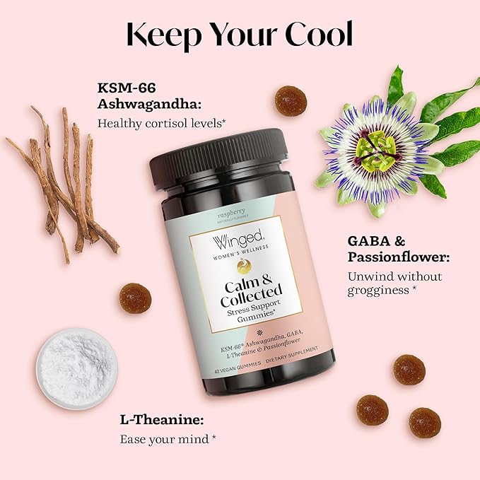 Winged Wellness Calm & Collected, Stress Relief Gummies - Stress Support Supplement with KSM-66 Ashwagandha, L-Theanine, GABA & Passionflower - Vegan & Gluten-Free Gummy - Raspberry, 42 Count