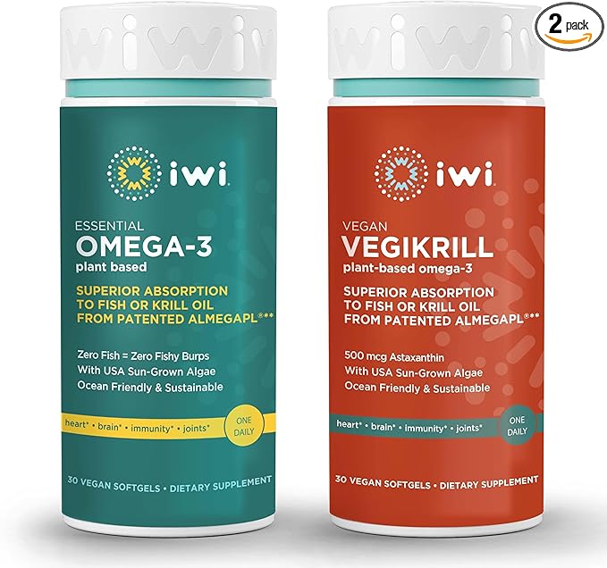 Iwi Omega-3 Essential & Vegikrill Omega-3 Bundle, 30 Servings, Vegan Plant-Based Algae Omega 3, Krill & Fish Oil Alternative, No Fishy Aftertaste