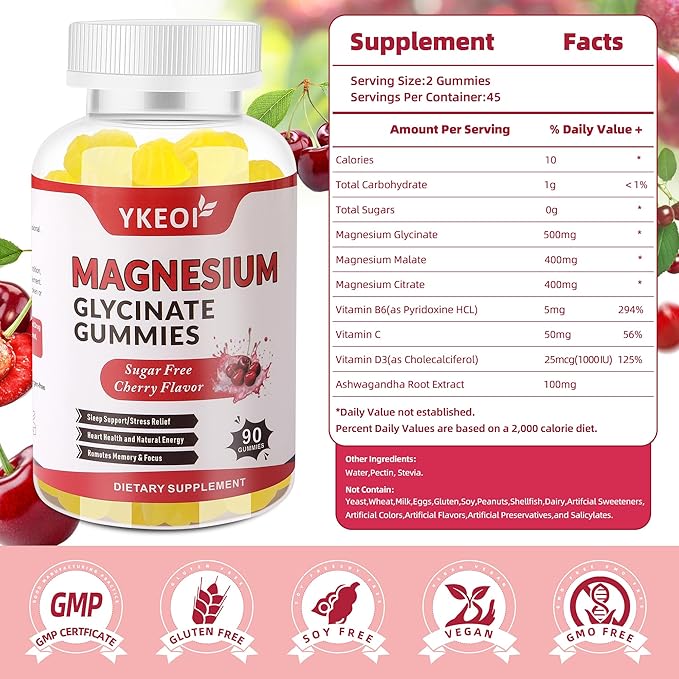Magnesium Glycinate Gummies 500 Mg,Sugar Free Magnesium Supplement Triple Magnesium Complex with Malate,Citrate, +Ashwagandha, Vitamin C D3 B6,Magnesium Supplement for Adults- 90 Gummies