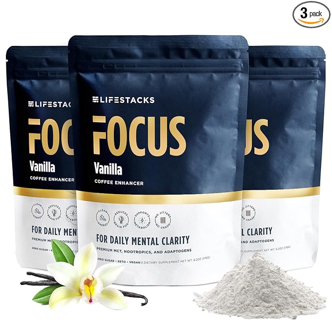 LIFESTACKS Vanilla MCT Oil 3-Pack - Boost Energy & Clarity - MCT Powder + Nootropics + Adaptogens for an Elevated Coffee Experience - Keto, Vegan, 0 Sugar - with Taurine, L-Tyrosine, Rhodiola & More