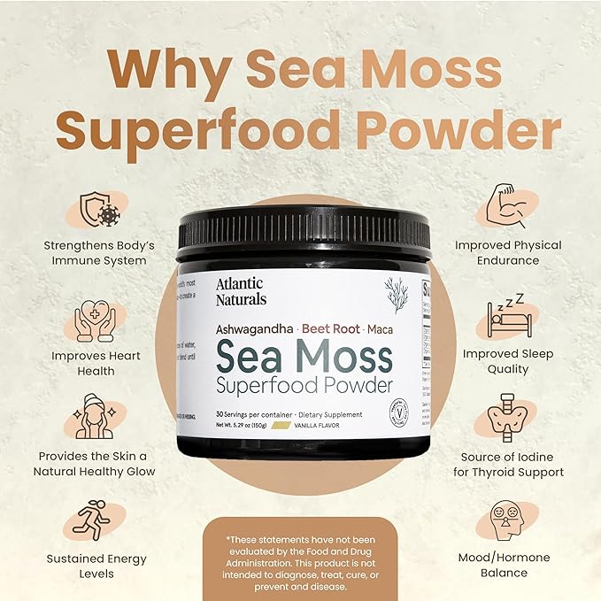 Atlantic Naturals Sea Moss Superfood Powder with Ashwagandha, Beet Root, and Maca Root - Sea Moss Powder Supports Healthy Skin, Athletic Performance, and Positive Mood - Vanilla Flavor (150g)