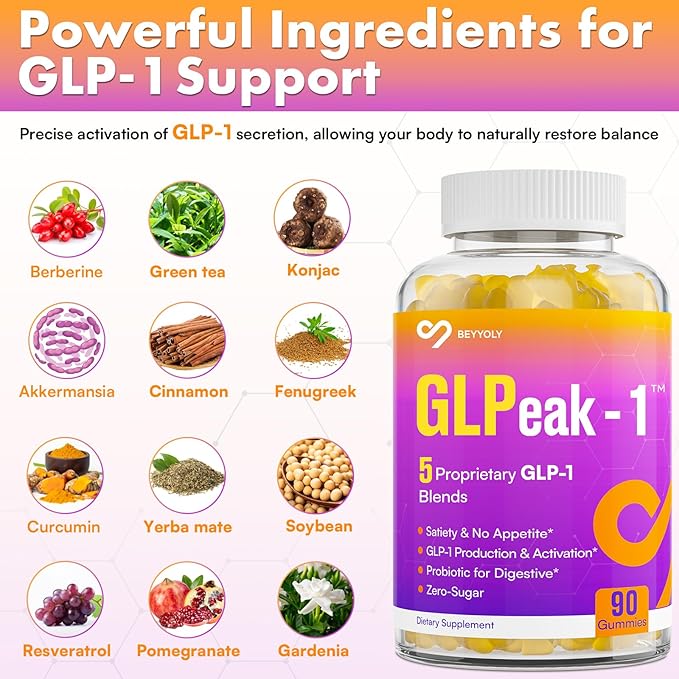 GLP-1 Supplement for Women & Men, Natural GLP-1 Support, 5X Targeted Formula, GLP1 with Akkermansia Probiotic & Berberine, for Digestion & Gut, Immune, Energy, Zero-Sugar, Yuzu Flavor - 90 Gummies