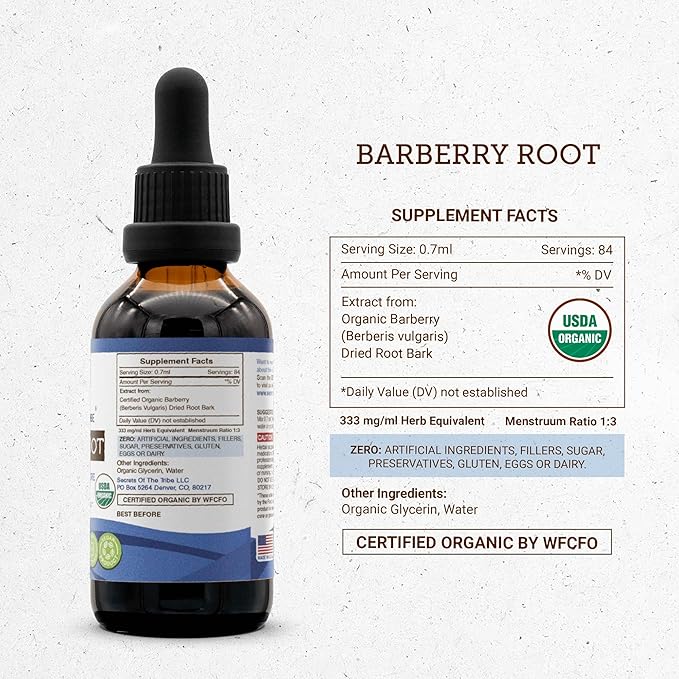 Secrets of the Tribe Barberry Root USDA Organic | Alcohol-Free Extract, High-Potency Herbal Drops | Made from 100% Certified Organic Barberry (Berberis vulgaris) Dried Root Bark (2 oz)