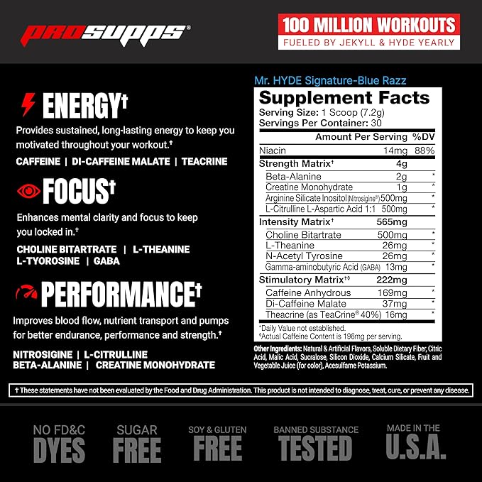 PROSUPPS Mr. Hyde Signature Pre Workout Powder with Creatine, Beta Alanine & Caffeine - Performance, Energy & Endurance - Clean Fitness & Gym Supplements for Men & Women (Blue Razz, 30 Servings)