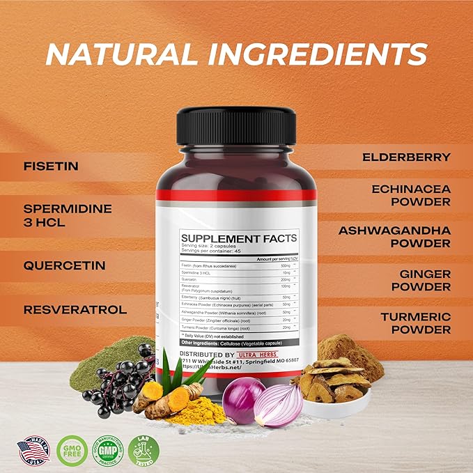 Ultra Fisetin Supplements Complex Resveratrol Quercetin - Support Brain Wellness, Immune System with Elderberry, Echinacea, Ashwagandha, Turmeric, Ginger (90 Count (Pack of 1))