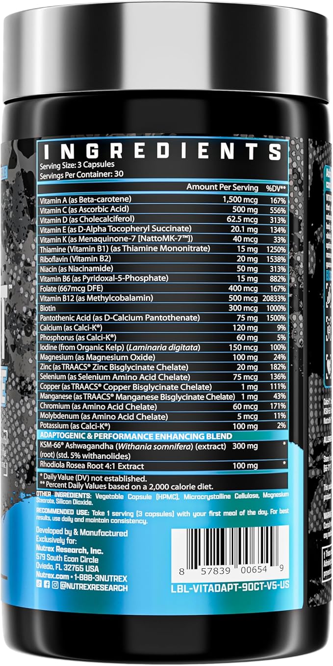 Nutrex Research Vitadapt Complete Sports Multivitamin for Men - 24 Vitamins, KSM-66 Ashwagandha and Minerals for Athletes - Mens Multivitamin (90 Capsules)