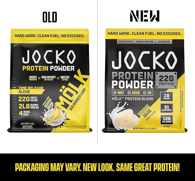 Jocko Fuel Mölk Whey Protein Powder 22g Low Sugar Monk Fruit Blend - Muscle Recovery & Growth, Packaging May Vary (31 Servings, Banana Cream)