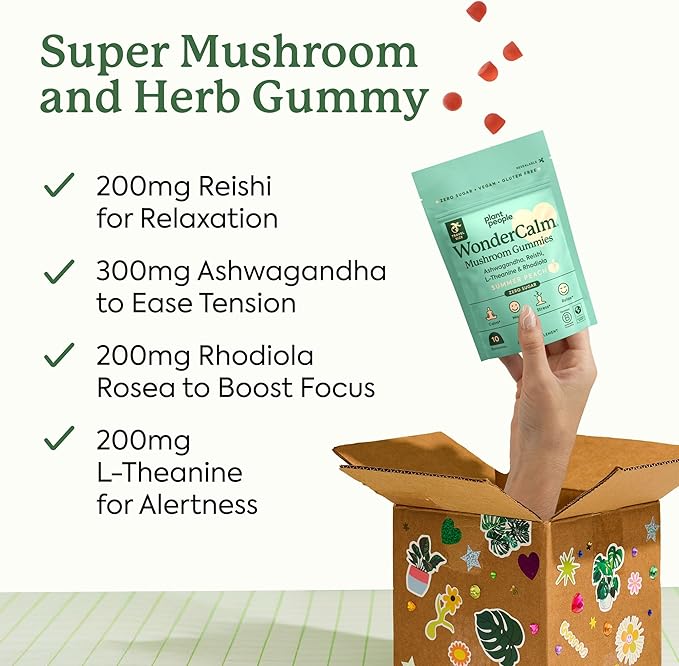 Plant People WonderCalm Mushroom Gummies - Natural Ashwagandha Supplement to Ease Stress & Boost Mood for Adults Without Sugar, Gluten or Artificial Colors, Vegan-Friendly, Peach Flavor (Trial Size)