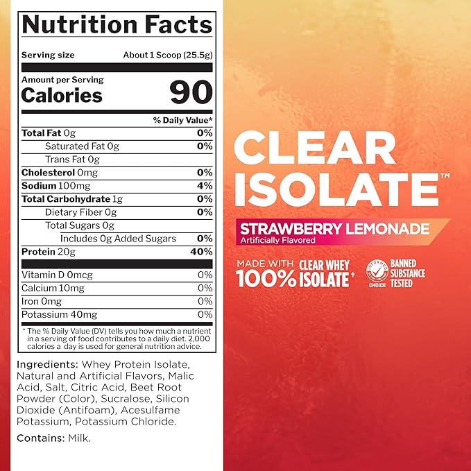 Rule One Proteins Clear Isolate - 20g All-whey Isolate Protein, Over 9g EAAs, 300mg of Electrolyte Minerals, 90 Calories, Light, Crisp, and Refreshing Taste (27 Servings, Strawberry Lemonade)