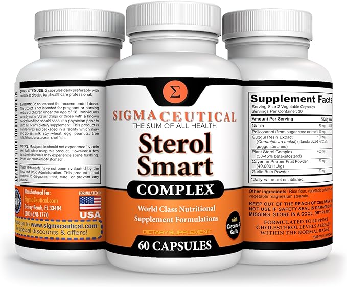 Niacin Supplement – Beta Sitosterol Supplement – Policosanol Supplement – Plant Sterols - Garlic Supplement – Cayenne Supplement – 60 Capsules