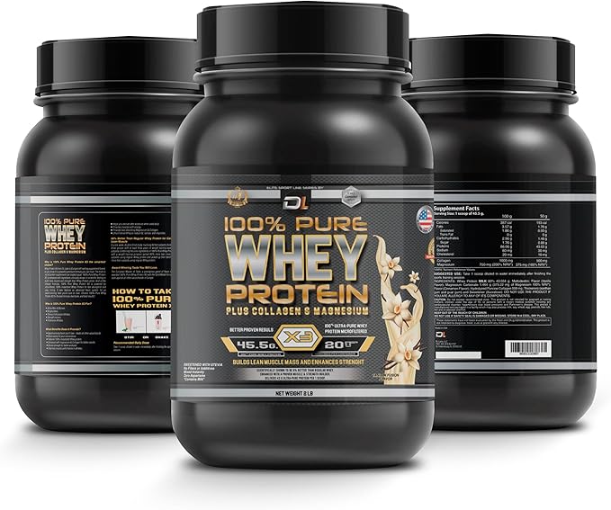 DL 100% Pure Whey Protein Powder + Collagen & Magnesium | 43g Protein – 8.7g BCAA – 0g Fat | Muscle Gain, Recovery & Nutrient Delivery | Immune Support | Quick & Easy Mixing Protein Powder | 2 lb