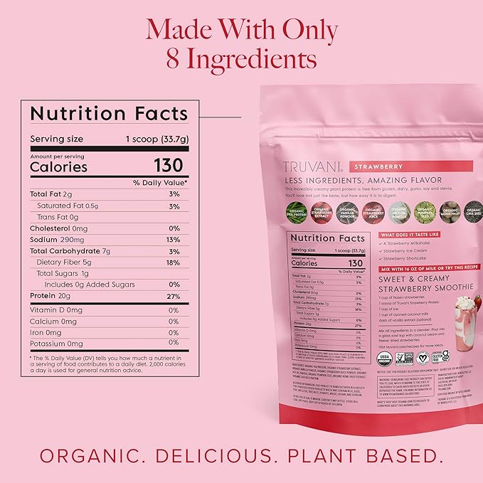 Truvani Vegan Pea Protein Powder | Strawberry | 20g Organic Plant Based Protein | 10 Servings | Keto | Gluten & Dairy Free | Low Carb | No Added Sugar