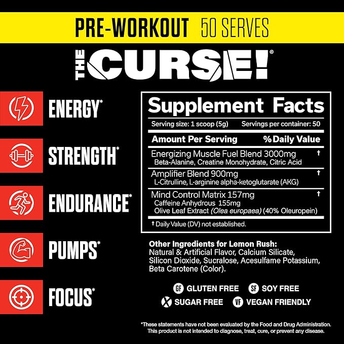 JNX SPORTS The Curse! Pre Workout Powder - Lemon Rush 50 Servings | Preworkout: Boost Strength, Energy + Focus for Men & Women | Caffeine, Beta-Alanine, Creatine & L-Citrulline