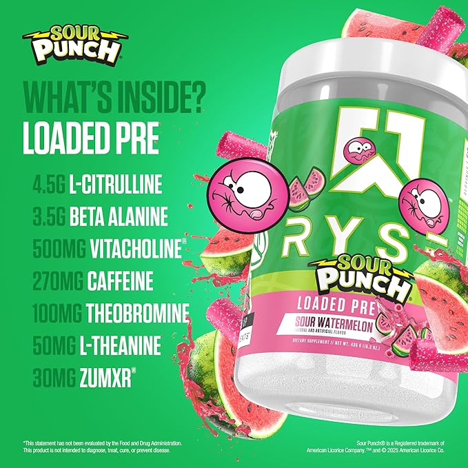 RYSE Loaded Pre Workout Powder - Sour Punch Watermelon - Daily Pre-Workout for Men & Women with 300mg Caffeine, Beta Alanine, and Citrulline for Pump, Focus, and Energy - 30 Servings