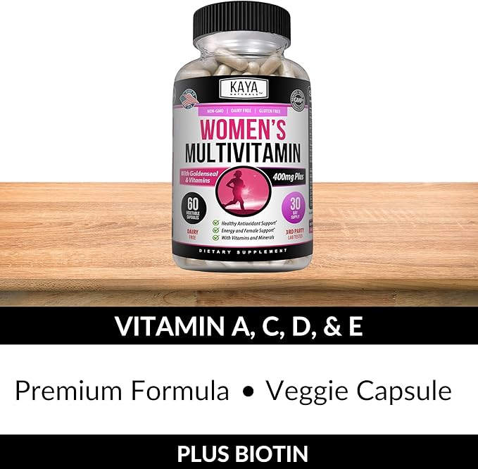 Kaya Naturals Women's Multivitamin, Overall Healthy Antioxidant, and Immune Support, Vitamins A, D, C, E, Biotin, Folic Acid, & Multi-Mineral, Energy & Metabolism Vitamin Supplement 60 Count