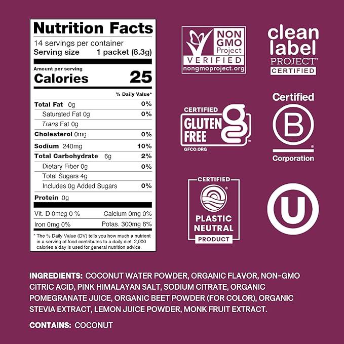 Cure Hydration | Plant-Based Electrolyte Drink Mix | No Added Sugar | FSA & HSA | Dehydration Relief Powder Made with Coconut Water | Non-GMO | Vegan | Pouch of 14 Packets - Berry Pomegranate