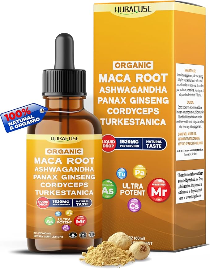 Organic Maca Root, Ashwagandha, Panax Ginseng, Cordyceps, Turkestanica Liquid Drops – 1520mg per Serving, Ultra Potent, USA Made & Lab Tested – 2 FL OZ (60ml)