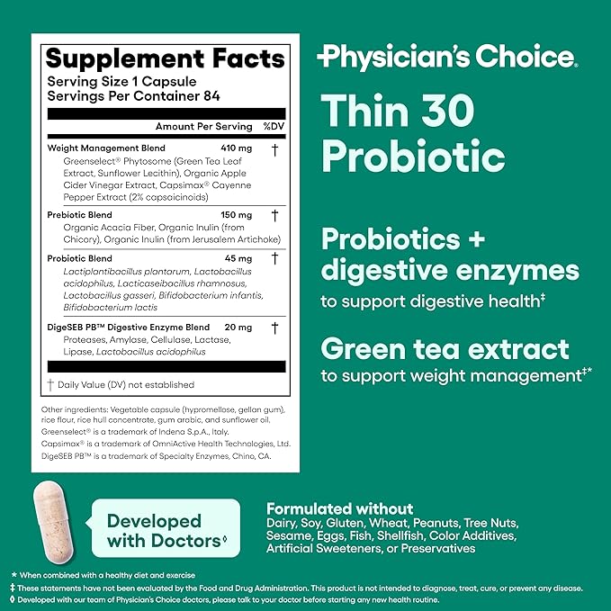 Physician's CHOICE Probiotics for Weight Management & Bloating - 6 Probiotic Strains - Prebiotics - Key ingredient Cayenne - Supports Gut Health - Weight Management for Women & Men - Green Tea - 84 CT