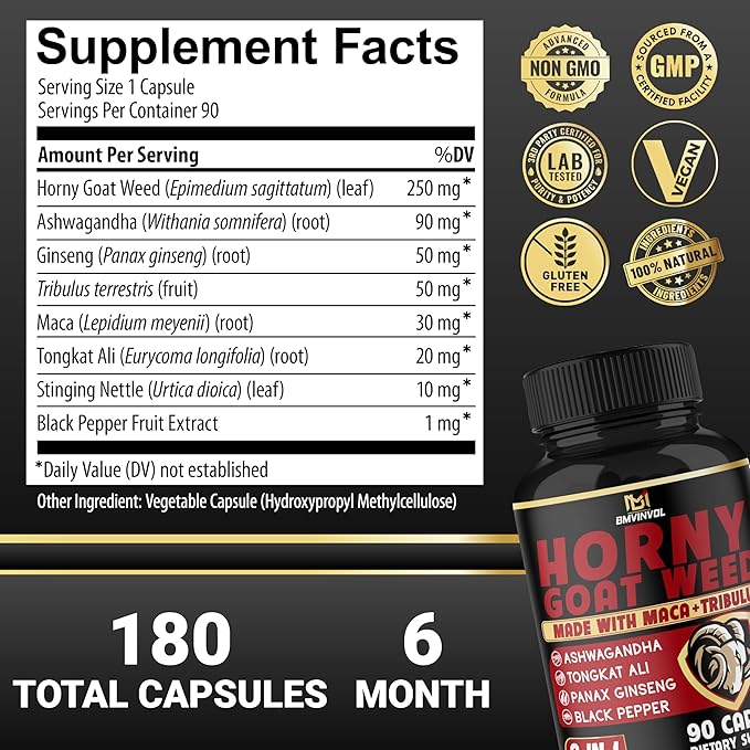 BMVINVOL 2Packs Horny Goat Weed Capsules - 180 Capsules for 6 Month Supply - Maca, Ginseng, Tribulus Terrestris, Ashwagandha