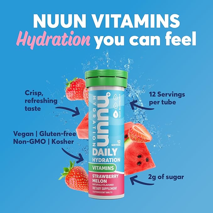 Nuun Vitamins Electrolyte Tablets with Vitamin D, C, E, A, & B6, Folic Acid, Magnesium & 4 Other Essential Electrolytes, Gluten Free & Vegan, Strawberry Melon, 8 Pack (96 Servings Total)