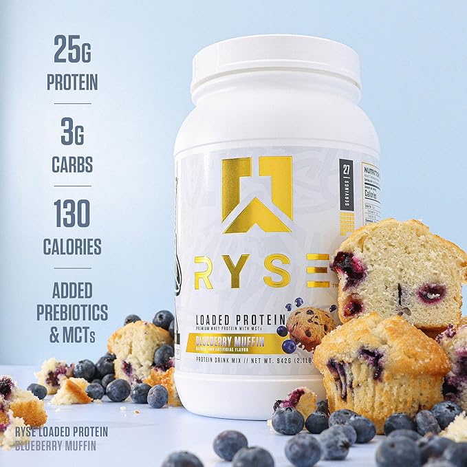 Ryse Loaded Protein Powder - Blueberry Muffin - 25g Whey Protein Isolate & Concentrate with Prebiotic Fiber & MCTs - Low Carb, Low Sugar, Digestive-Friendly - 54 Servings / 4 lb Tub