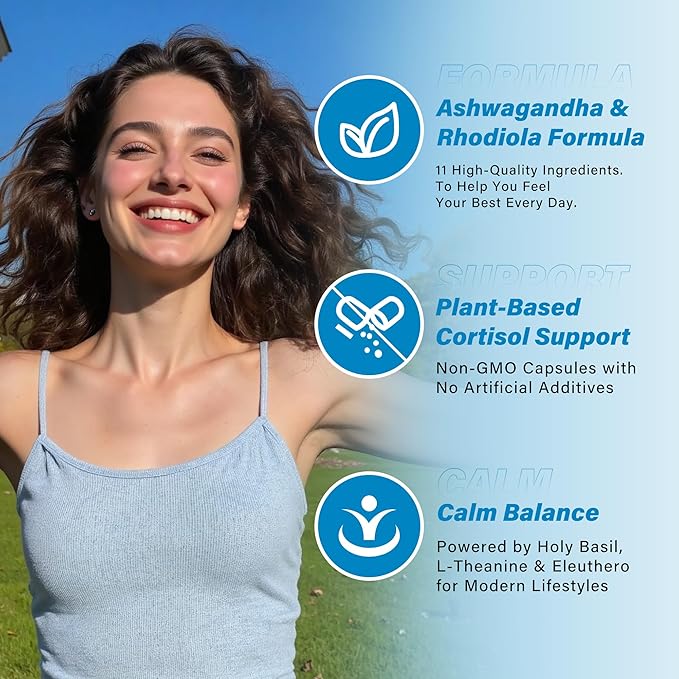 Cortisol Supplements for Women and Men, 11-in-1 Cortisol Manager,Cortisol Reducer with Ashwagandha, Rhodiola, L-Theanine, Hormone Balance, 120 Capsules (60-Day Supply)