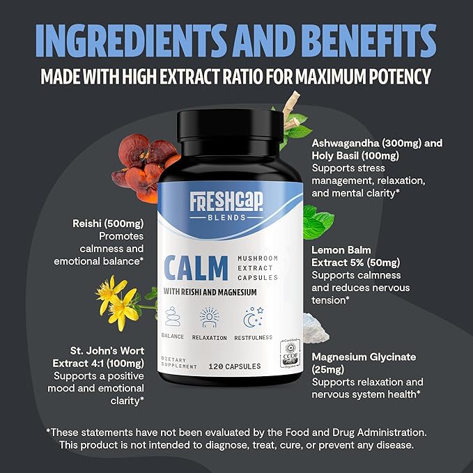 FreshCap Calm Gummies for Adults - Calm w/Reishi, Ashwagandha, St. John’s Wort, Lemon Balm, Magnesium - Balance, Relaxation & Emotional Stability -Ayurveda Daily Mushroom Supplement, Vegan - 60 Count