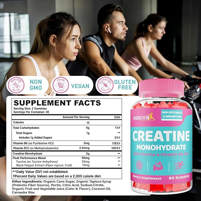 Creatine Monohydrate Gummies, Creatine for Women, Creatine Pre Workout Chewables Supplement with Taurine & B6 - for Muscle, Recovery, Strength, Energy & Endurance and Performance - 60 Count