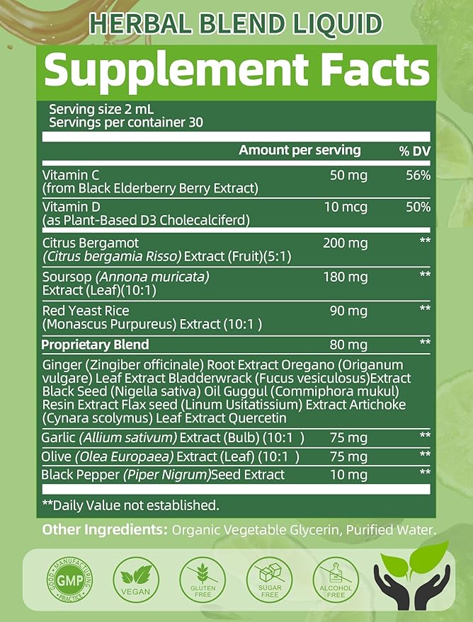 Citrus Bergamot Liquid Drops - Natural Supplement with Soursop, Red Yeast Rice, Garlic, Olive Leaf, Black Pepper - High Absorption - Support Overall Wellness* - Soursop Bitters Liquid, 2 Fl Oz