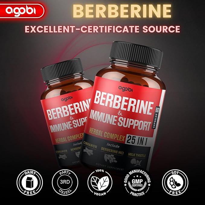 Premium Berberine Supplement with Ceylon, Ashwagandha, Turmeric, Milk Thistle, Elderberry & Black Pepper - Supports Immune System, Cardiovascular & Gastrointestinal - 60 Capsules