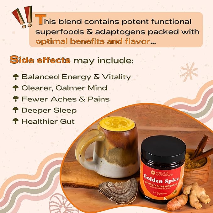 Golden Spice - Mushroom Golden Milk, Heirloom Turmeric Latte Spice Blend | Turkey Tail & Ashwagandha Adaptogens | Caffeine-Free Rooibos Matcha | No Milk or Sweetener Fillers