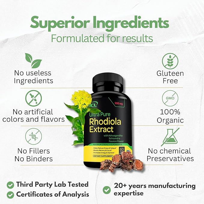 Rhodiola Rosea Supplement High Potency Extract 500mg - 3% Rosavins 1% Salidrosides with Ashwagandha Shisandra Passion Flower Herb Powder Capsules - Natural Way to Relieve Stress - Pills for Energy