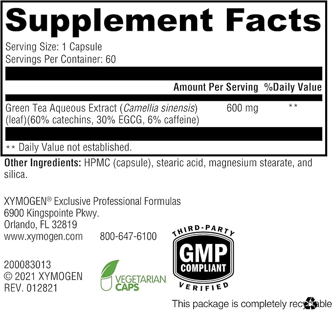 XYMOGEN Green Tea 600 - Ultra Pure Green Tea Extract Capsules - Immune Support Supplement - Supports Heart Health + Brain Health - Gluten Free, Vegan, Non GMO (60 Capsules)