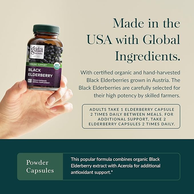 Gaia Herbs Black Elderberry - Daily Immune Support Supplement to Help Maintain Well-Being - with Black Elderberries and Acerola Fruit for Antioxidant Support - 60 Vegan Capsules (30-Day Supply)